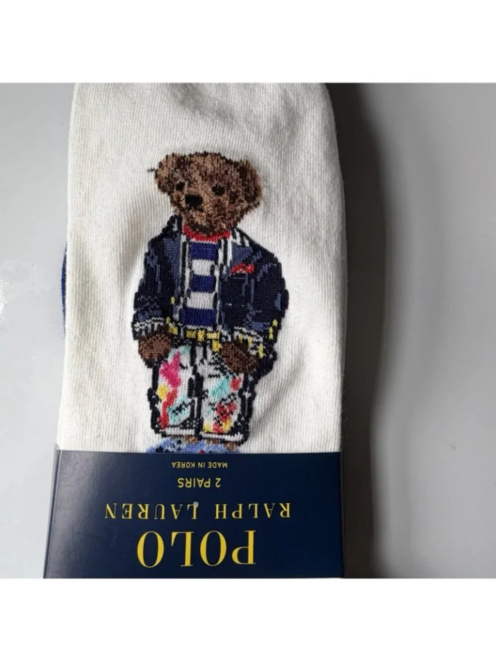 Polo Ralph Lauren Men's Sock 2 Pairs Bear and White with Blue Stripe Size 13-16